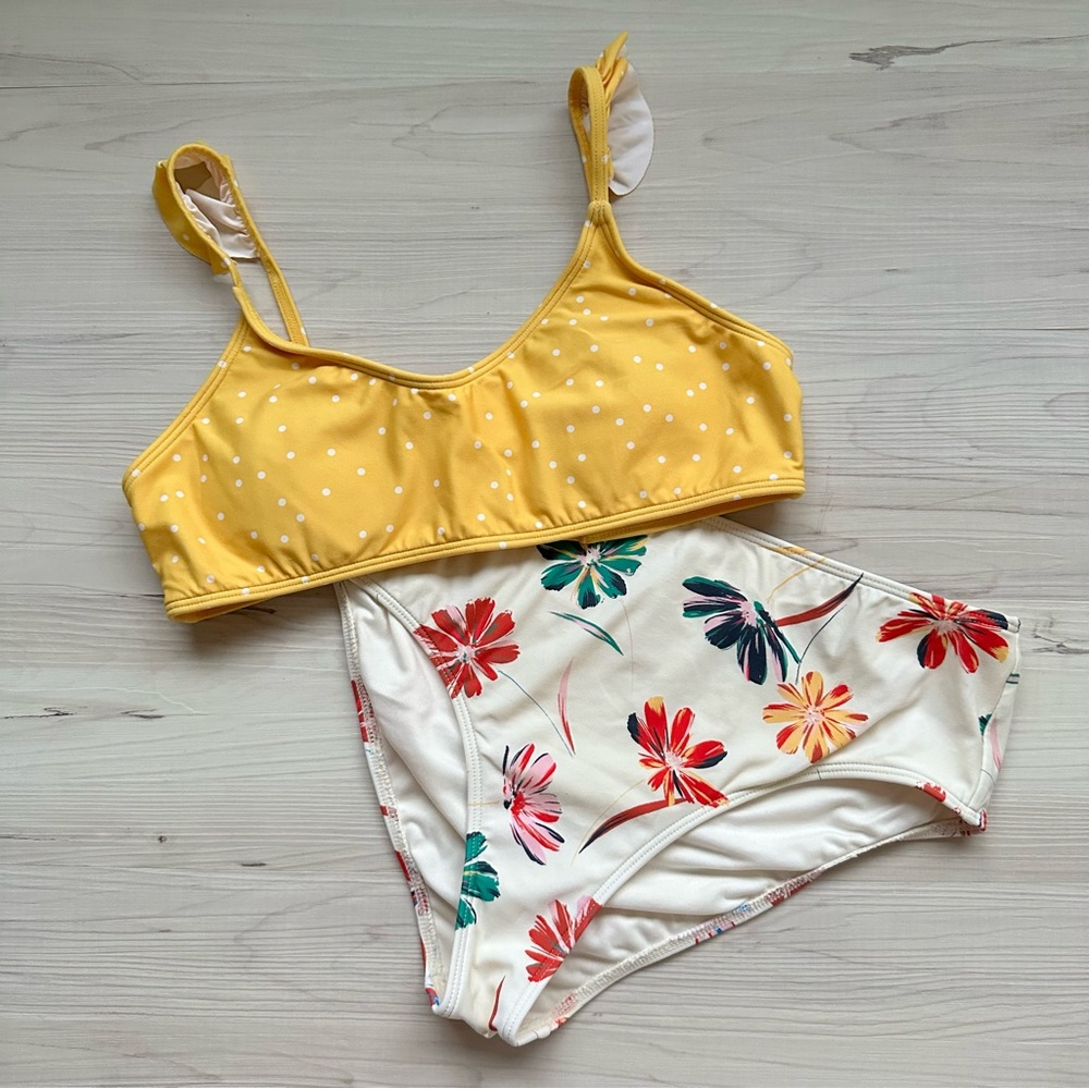O’Neill Girls Ruffle Yellow Polka Dot Bikini Top with Floral Bottoms